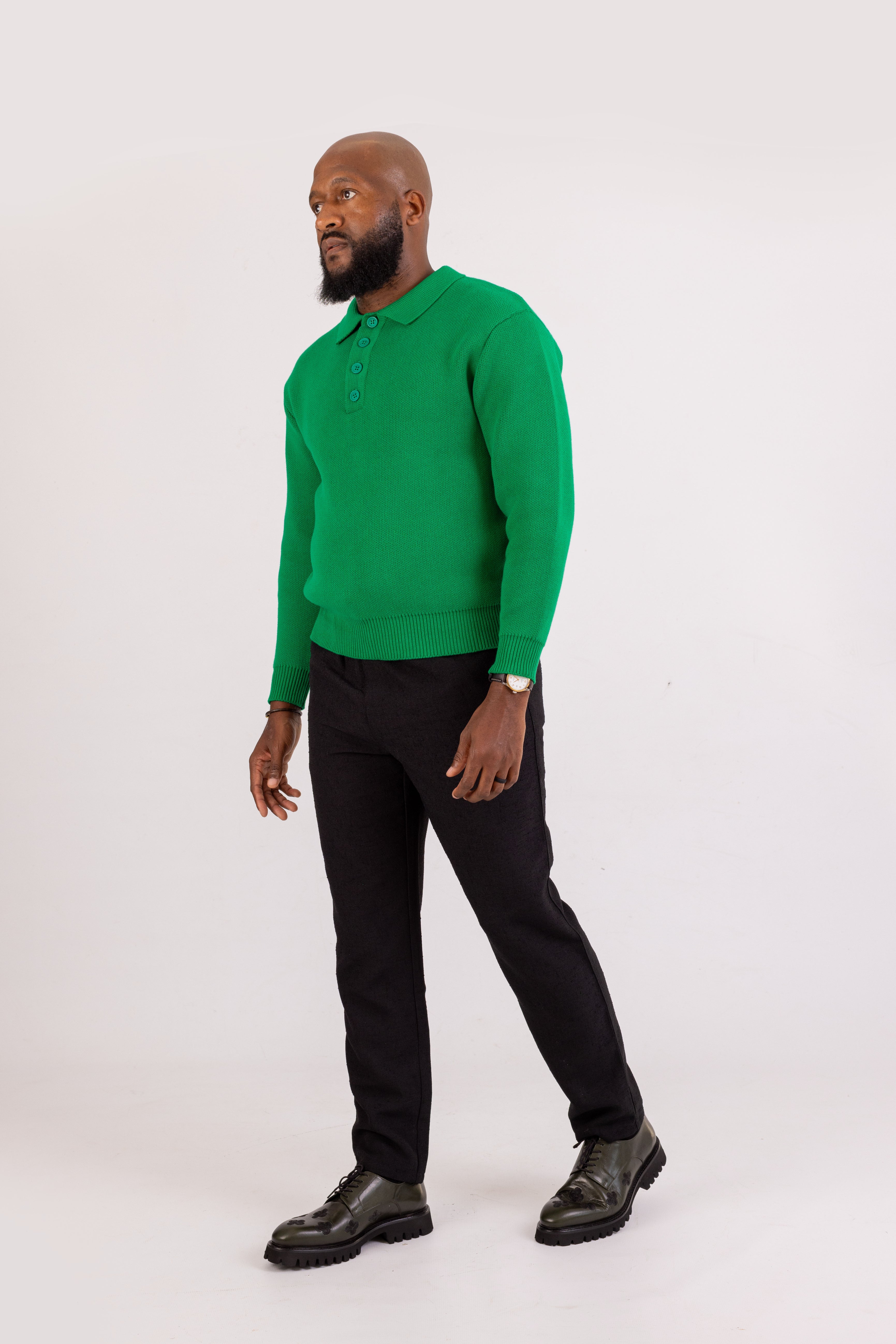 Green Long Sleeve Knitted Polo