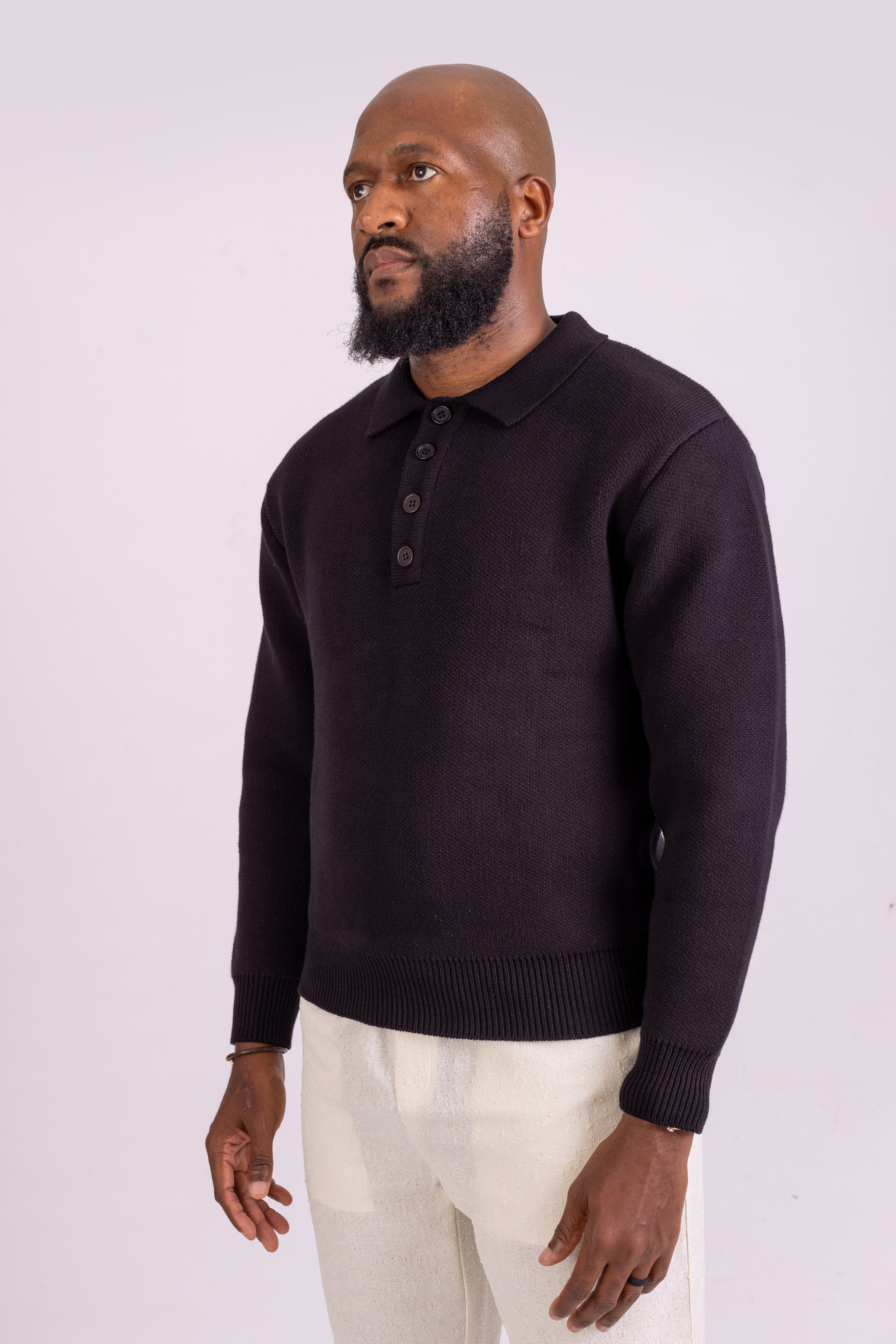 Black Long Sleeve Knitted Polo