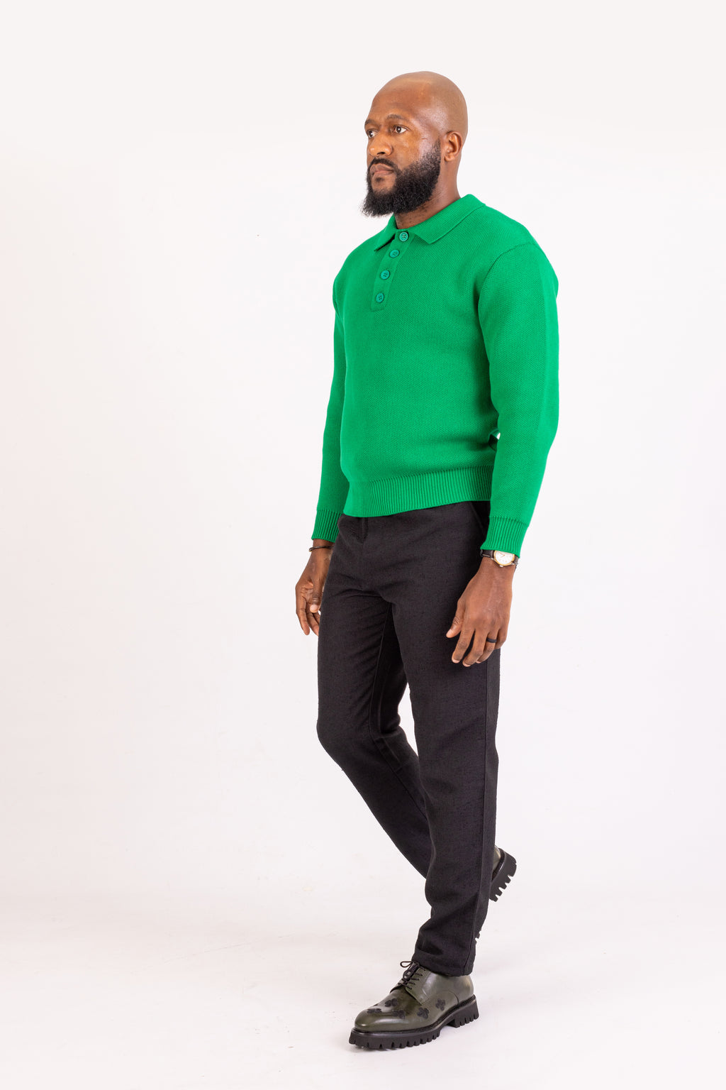 Green Long Sleeve Knitted Polo
